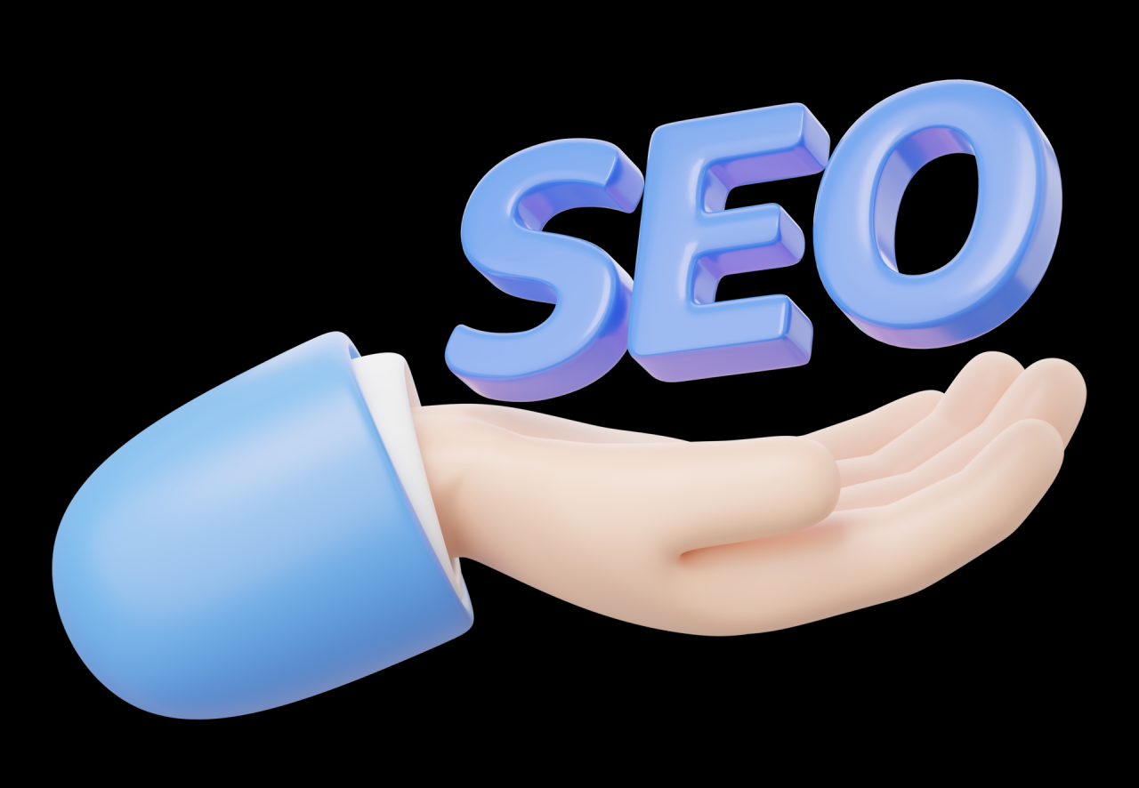 3D SEO floating in hand isolated on transparent. Business man holding ...