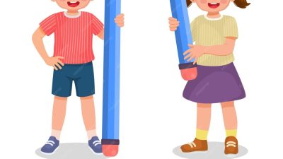 반대 형용사 반의어 단어 길고 짧은 연필 들고 어린 아이들의 그림 | 프리미엄 벡터