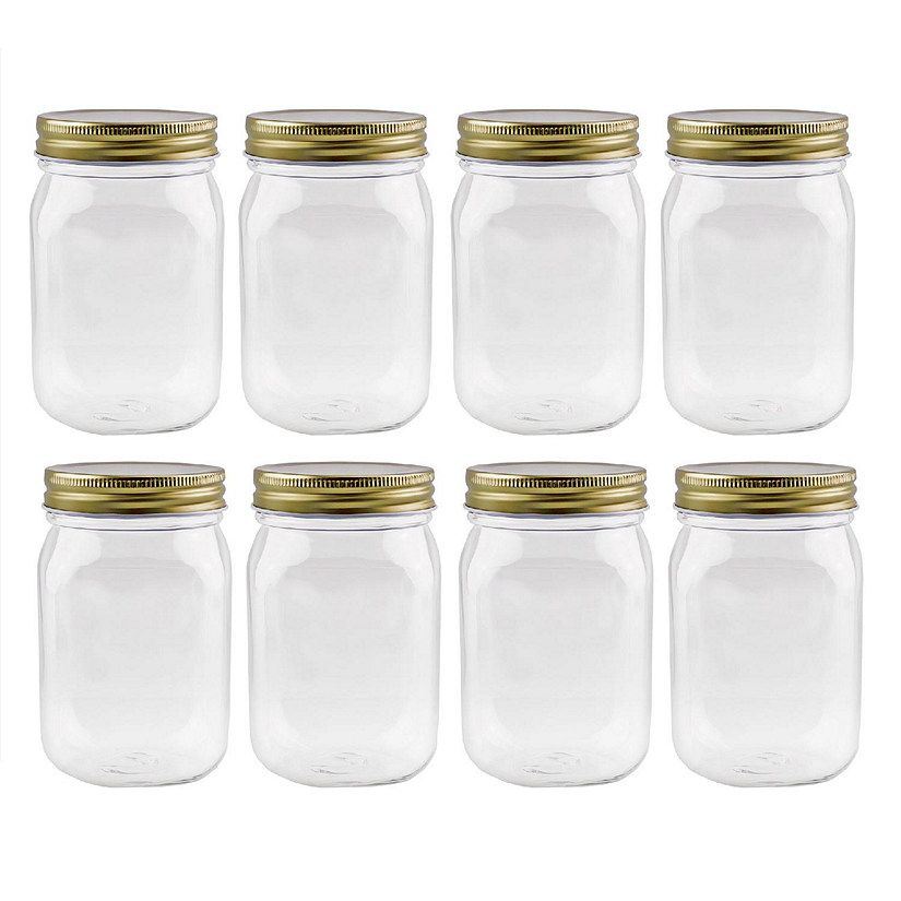 16oz Clear Plastic Mason Jars (8pk, Gold Metal Lids); BPA-Free Pint ...